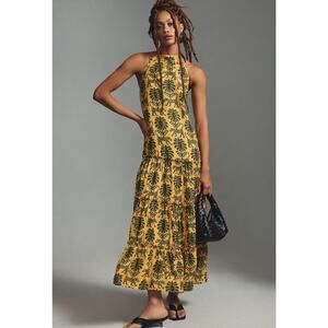 Farm Rio Satin Halter Dress Backless Cheetah Print Yellow Green Size Large New